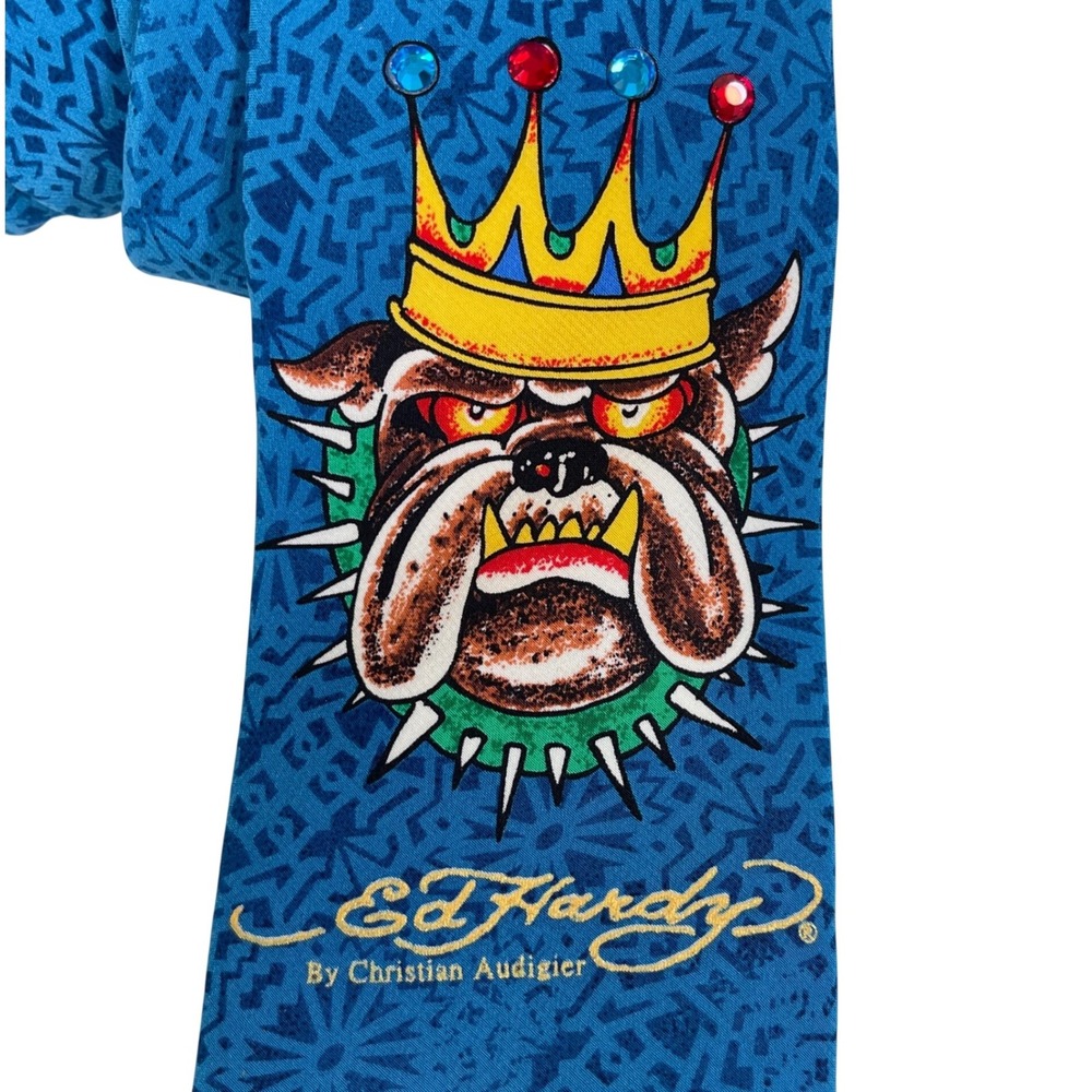Vintage Ed Hardy Silk Tie Necktie Bulldog Crown Blue Tattoo Art‎ Rhinestone Y2K